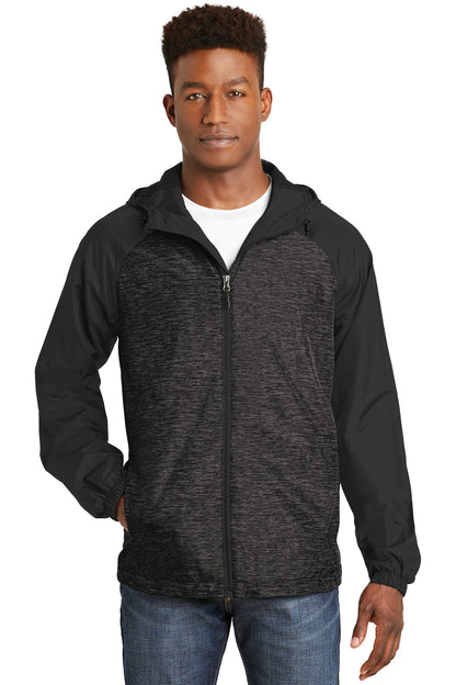 Sport-Tek® Heather Colorblock Raglan Hooded Wind Jacket. JST40